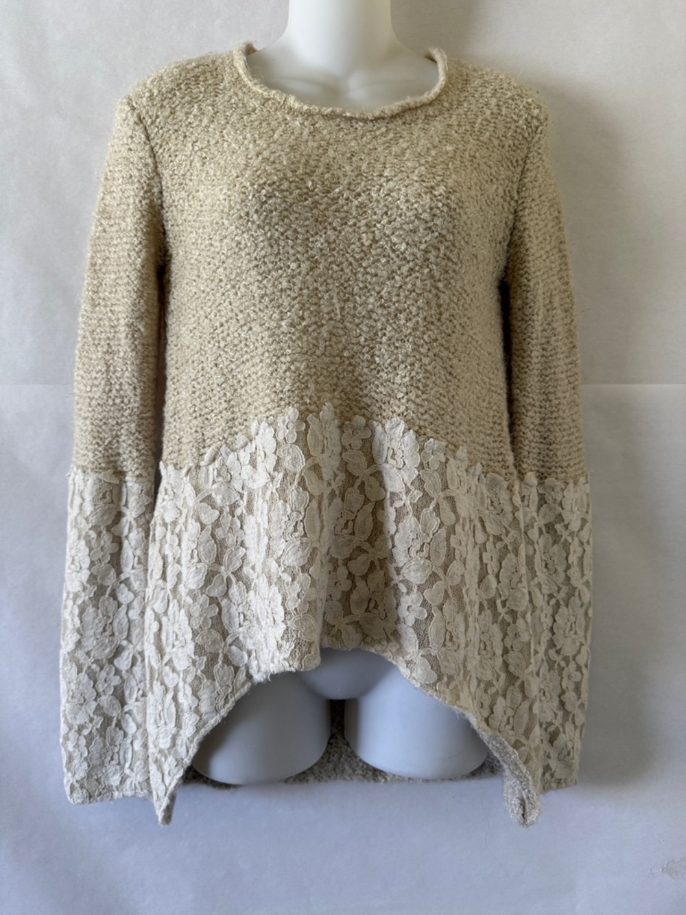 Judith March Cream Knit Sweater Size S Lace Hi Low Boho Romantic Cottagecore